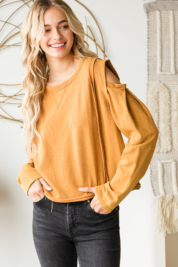 WASHED ROUND NECK COLD SHOULDER CROPPED TEE