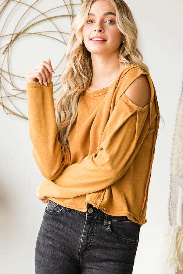 WASHED ROUND NECK COLD SHOULDER CROPPED TEE