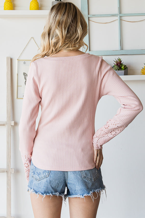 WASHED EMBROIDERED DETAIL BUTTON FRONT KNIT TOP