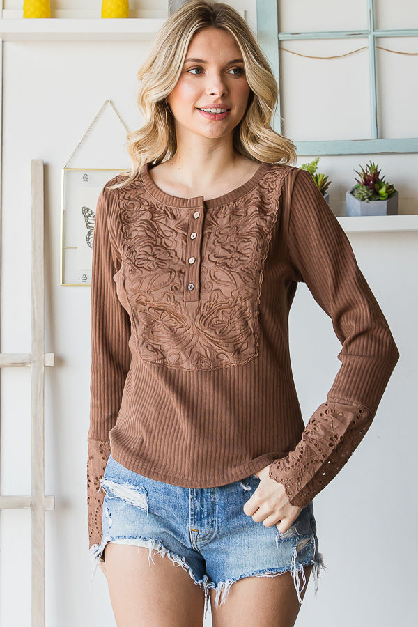 WASHED EMBROIDERED DETAIL BUTTON FRONT KNIT TOP