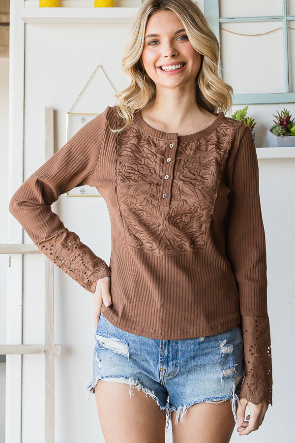 WASHED EMBROIDERED DETAIL BUTTON FRONT KNIT TOP