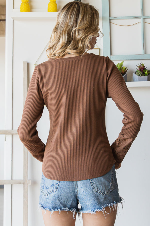 WASHED EMBROIDERED DETAIL BUTTON FRONT KNIT TOP