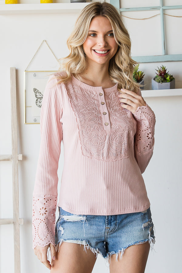 WASHED EMBROIDERED DETAIL BUTTON FRONT KNIT TOP