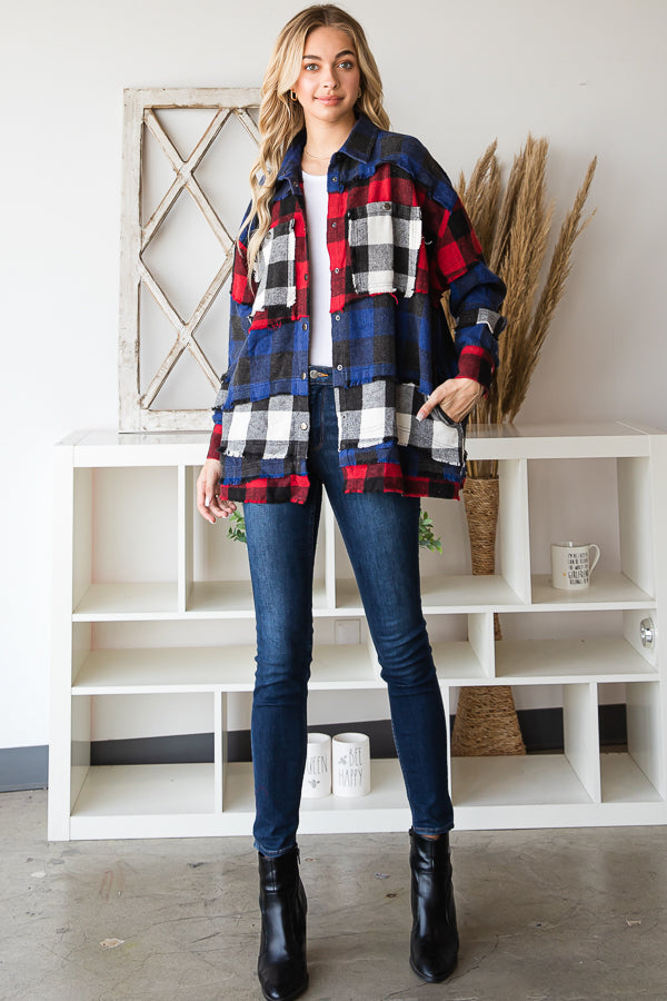 MIXED PLAID PATCHWORK SOFT BUTTON DOWN SHIRT