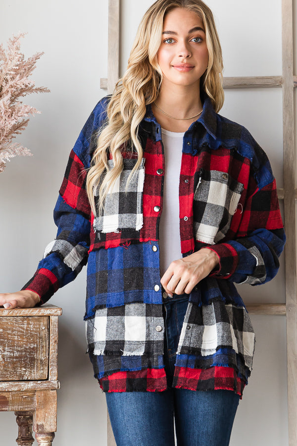 MIXED PLAID PATCHWORK SOFT BUTTON DOWN SHIRT