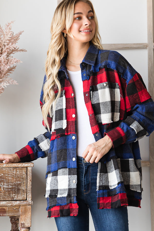 MIXED PLAID PATCHWORK SOFT BUTTON DOWN SHIRT