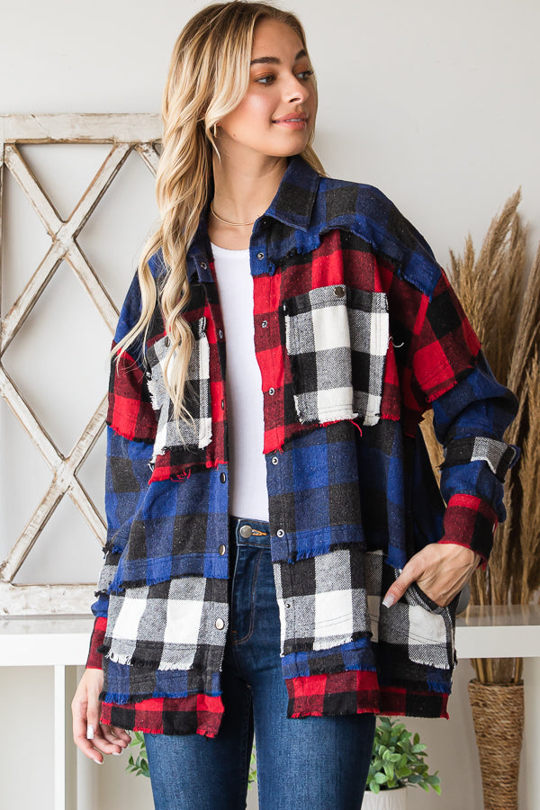 MIXED PLAID PATCHWORK SOFT BUTTON DOWN SHIRT