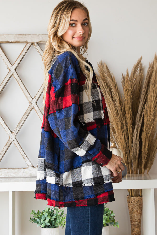 MIXED PLAID PATCHWORK SOFT BUTTON DOWN SHIRT