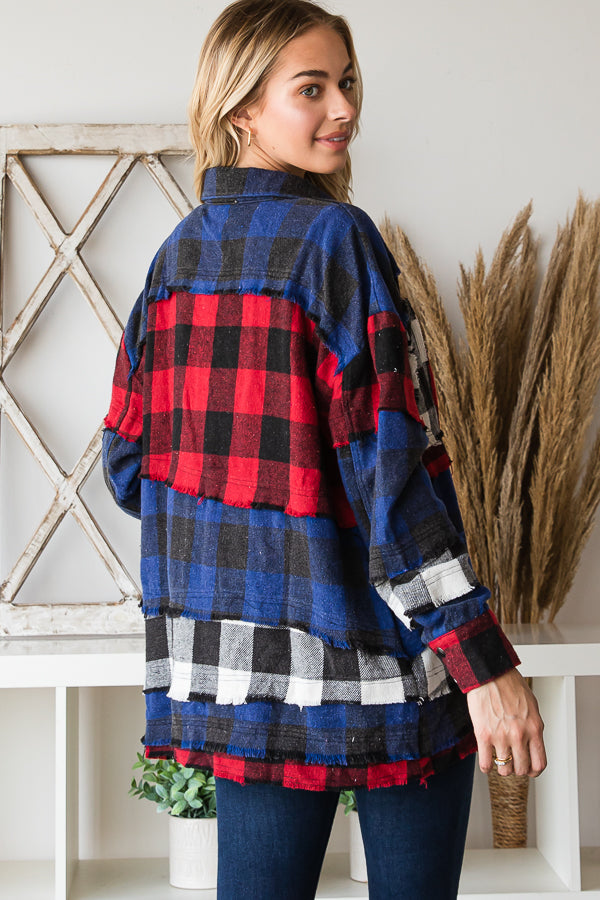 MIXED PLAID PATCHWORK SOFT BUTTON DOWN SHIRT