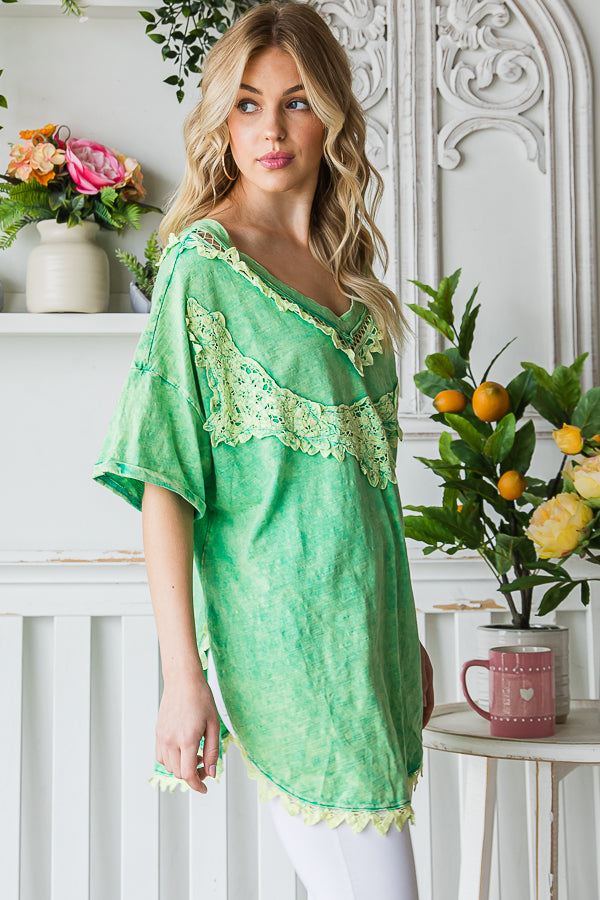 DEEP V NECK CROCHET LACE CONTRAST OVERSIZED TOP