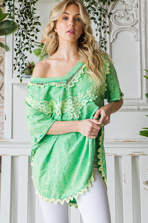 DEEP V NECK CROCHET LACE CONTRAST OVERSIZED TOP