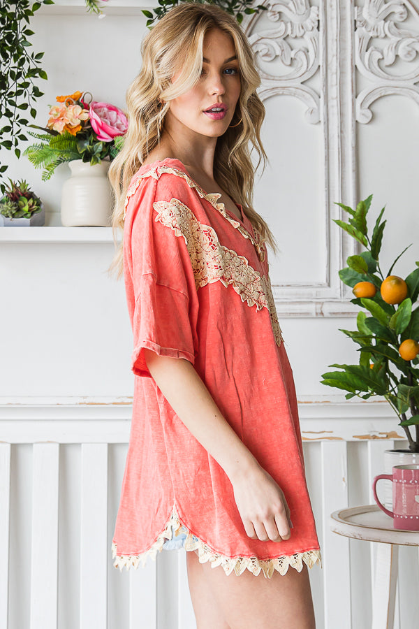 DEEP V NECK CROCHET LACE CONTRAST OVERSIZED TOP