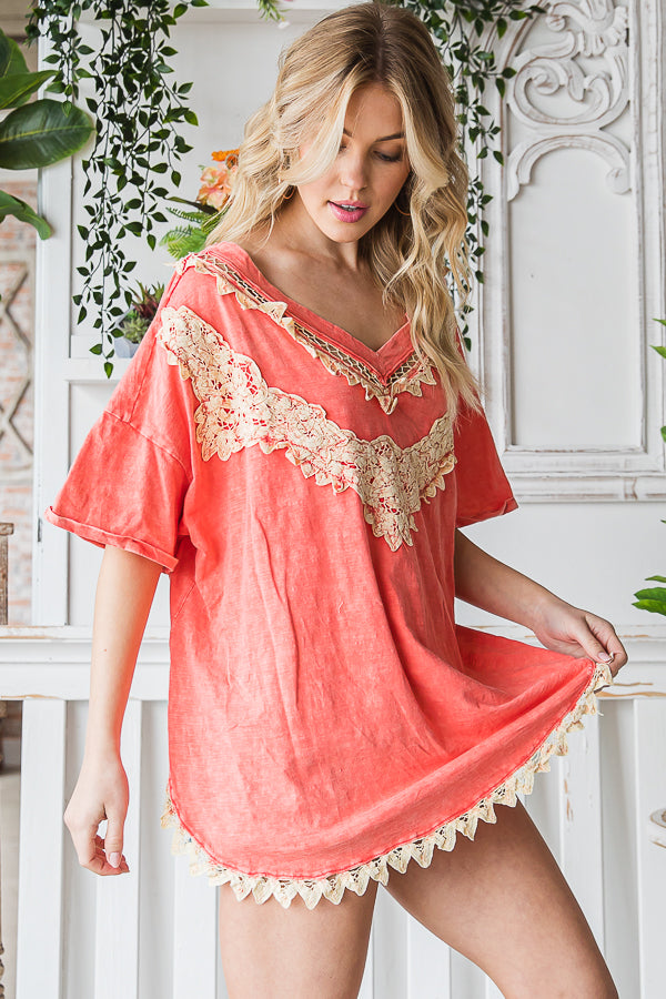 DEEP V NECK CROCHET LACE CONTRAST OVERSIZED TOP