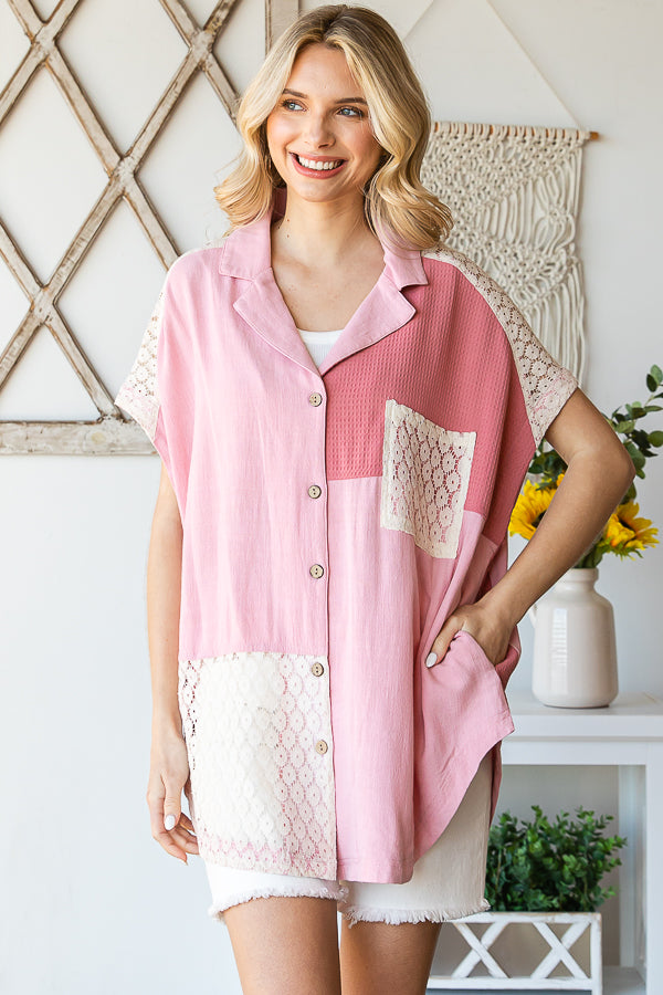 MINERAL WASHED BUTTON FRONT COLOR BLOCK SHIRT