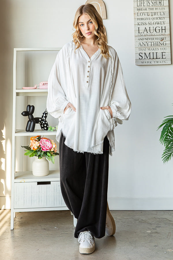 WASHED MANDARIN BUTTON V NECK OVERSIZED SHIRT