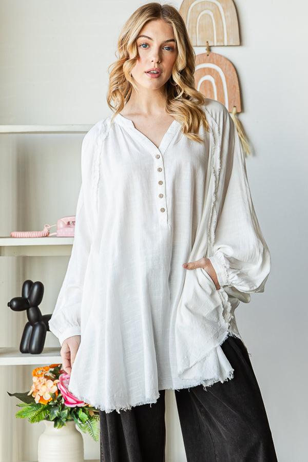 WASHED MANDARIN BUTTON V NECK OVERSIZED SHIRT