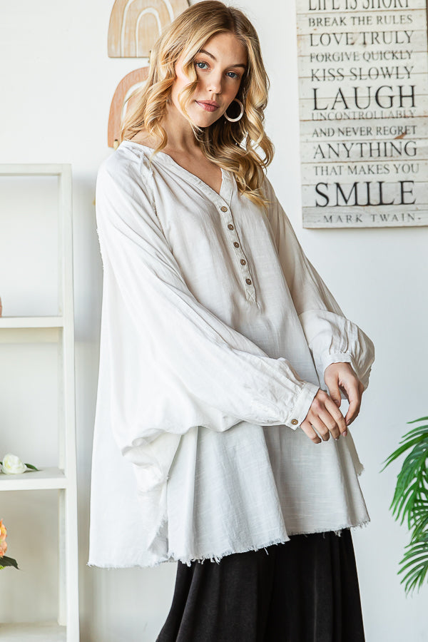 WASHED MANDARIN BUTTON V NECK OVERSIZED SHIRT