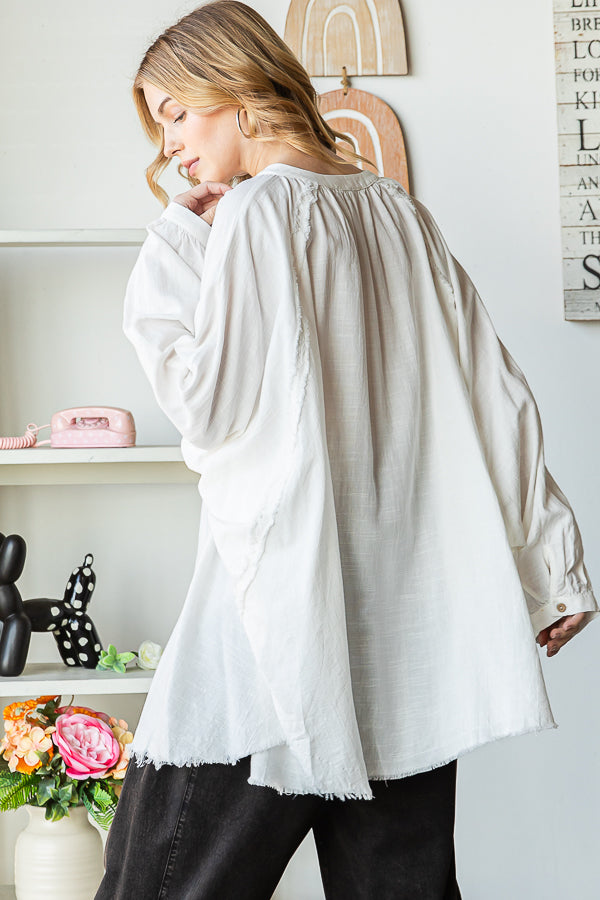 WASHED MANDARIN BUTTON V NECK OVERSIZED SHIRT