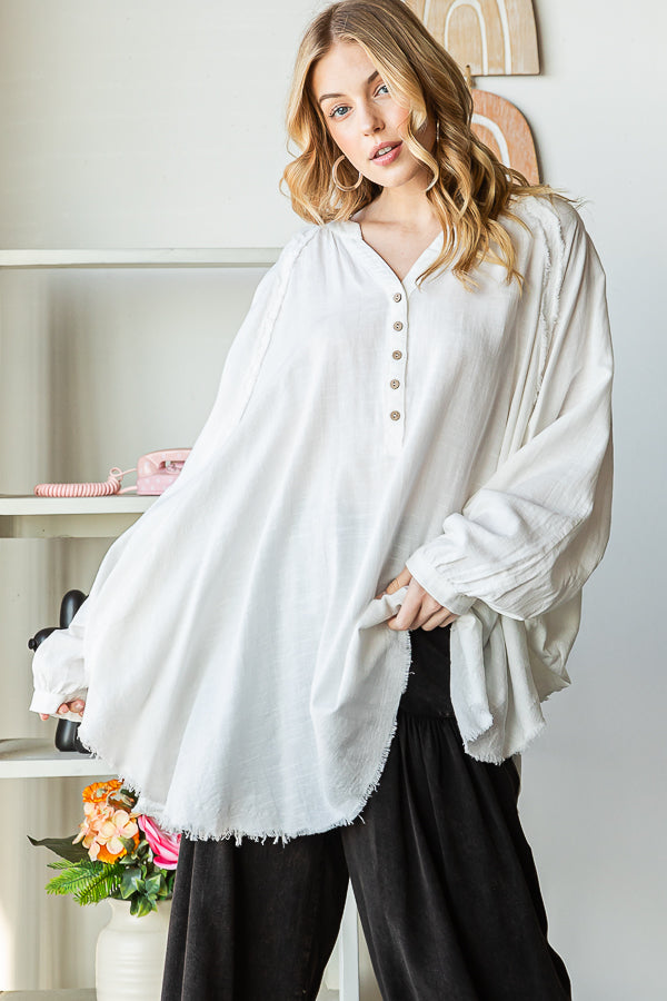 WASHED MANDARIN BUTTON V NECK OVERSIZED SHIRT