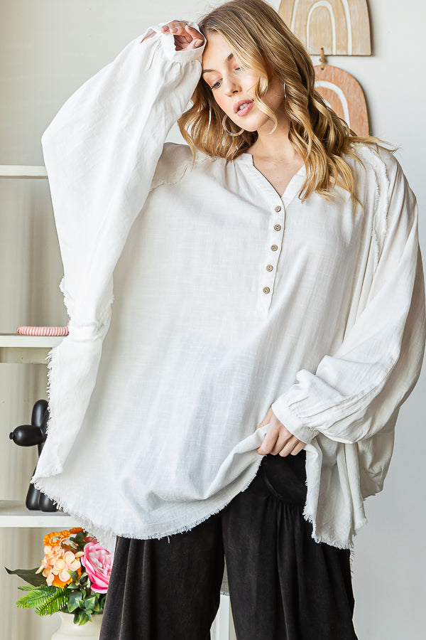 WASHED MANDARIN BUTTON V NECK OVERSIZED SHIRT
