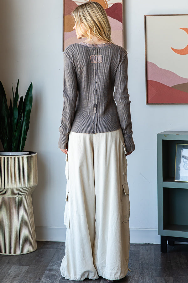 MINERAL WASHED HENLEY NECK THERMAL TOP