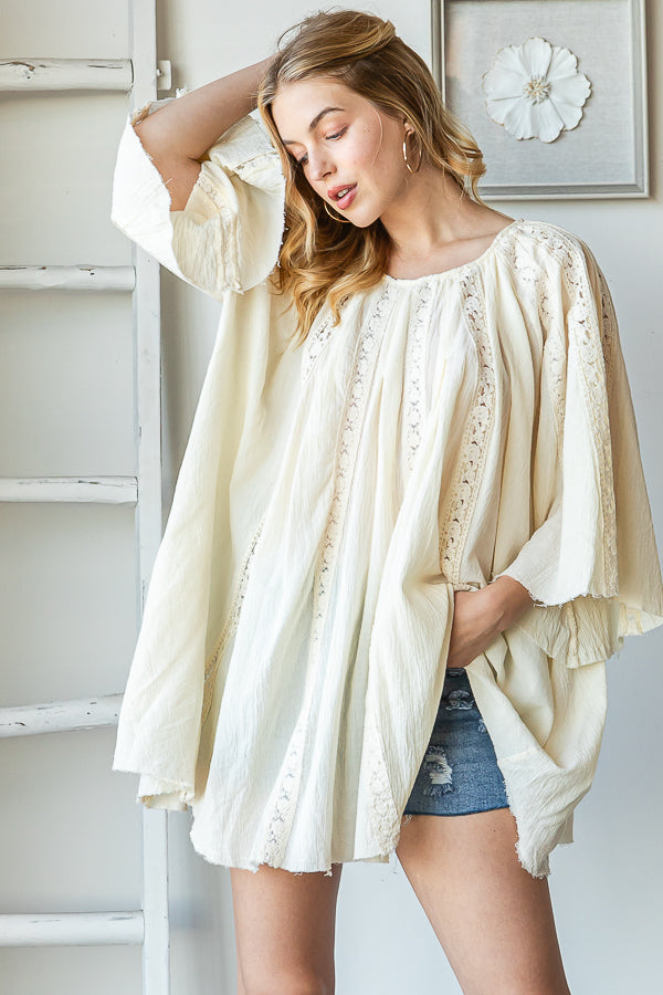 WASHED LACE CONTRAST BELL SLEEVE TUNIC TOP