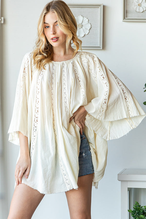 WASHED LACE CONTRAST BELL SLEEVE TUNIC TOP