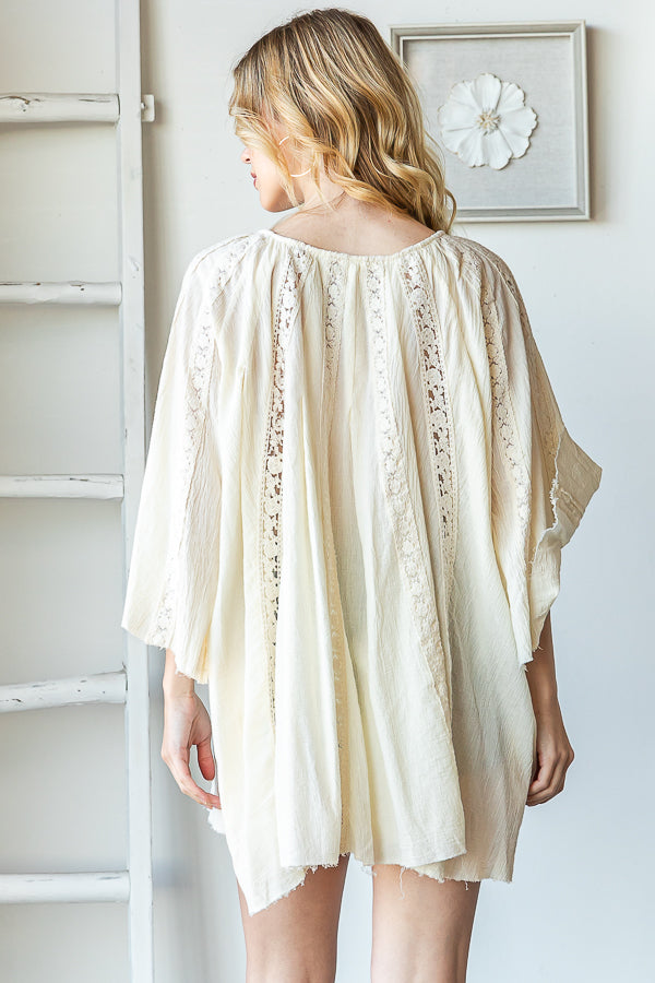 WASHED LACE CONTRAST BELL SLEEVE TUNIC TOP