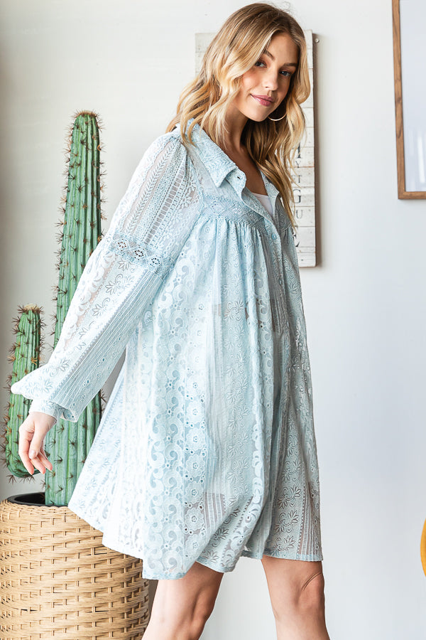 LACE BUTTON FRONT FLARE HEM SHIRT
