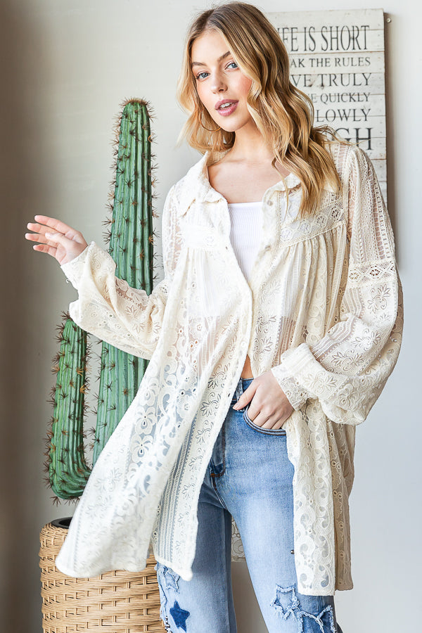 LACE BUTTON FRONT FLARE HEM SHIRT