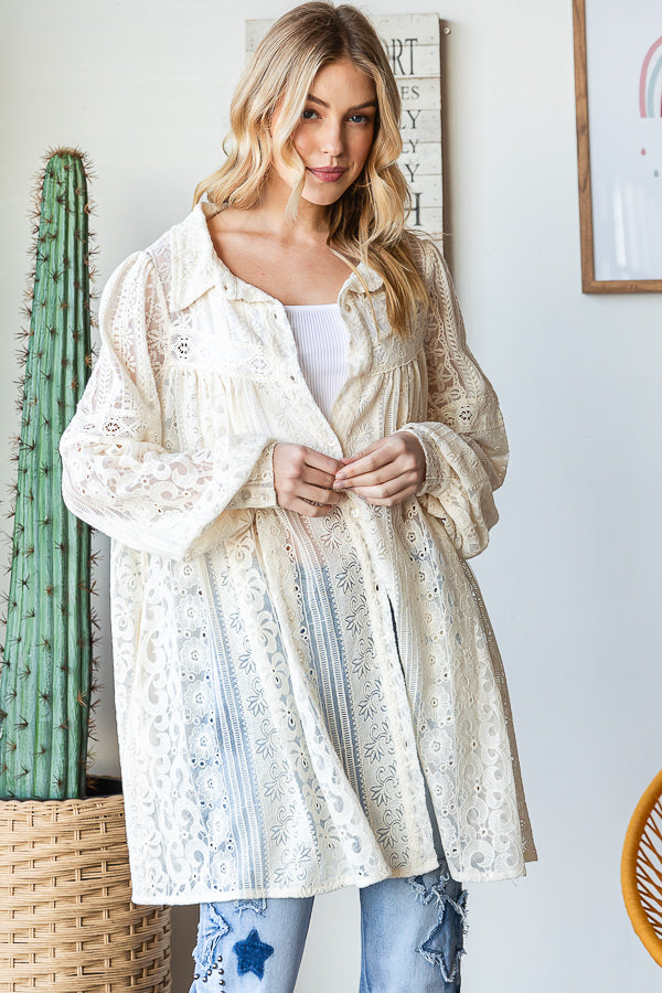 LACE BUTTON FRONT FLARE HEM SHIRT