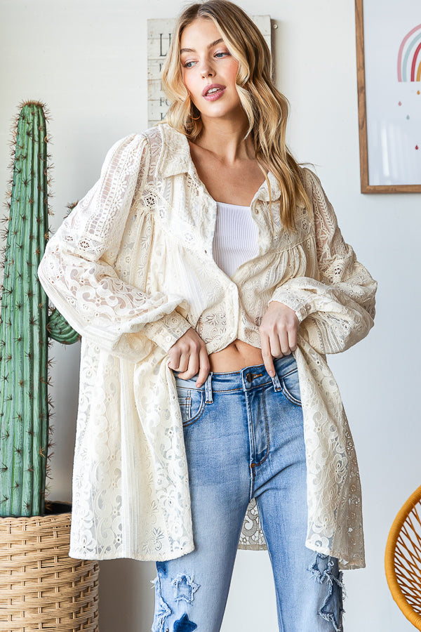 LACE BUTTON FRONT FLARE HEM SHIRT