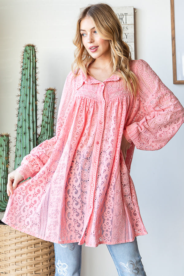 LACE BUTTON FRONT FLARE HEM SHIRT