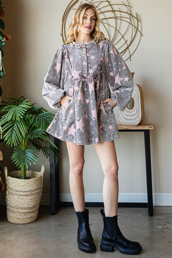 WASHED STAR PRINTED PEPLUM CORDUROY BABYDOLL TOP