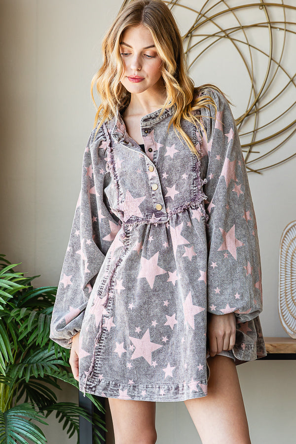 WASHED STAR PRINTED PEPLUM CORDUROY BABYDOLL TOP