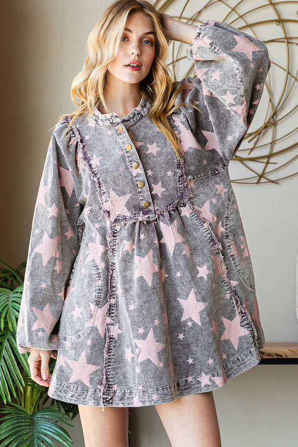WASHED STAR PRINTED PEPLUM CORDUROY BABYDOLL TOP