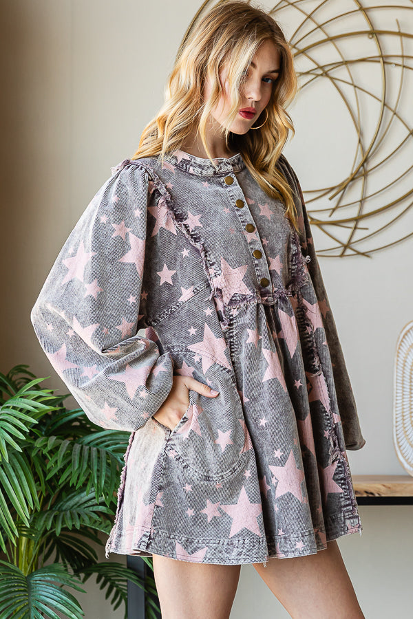 WASHED STAR PRINTED PEPLUM CORDUROY BABYDOLL TOP