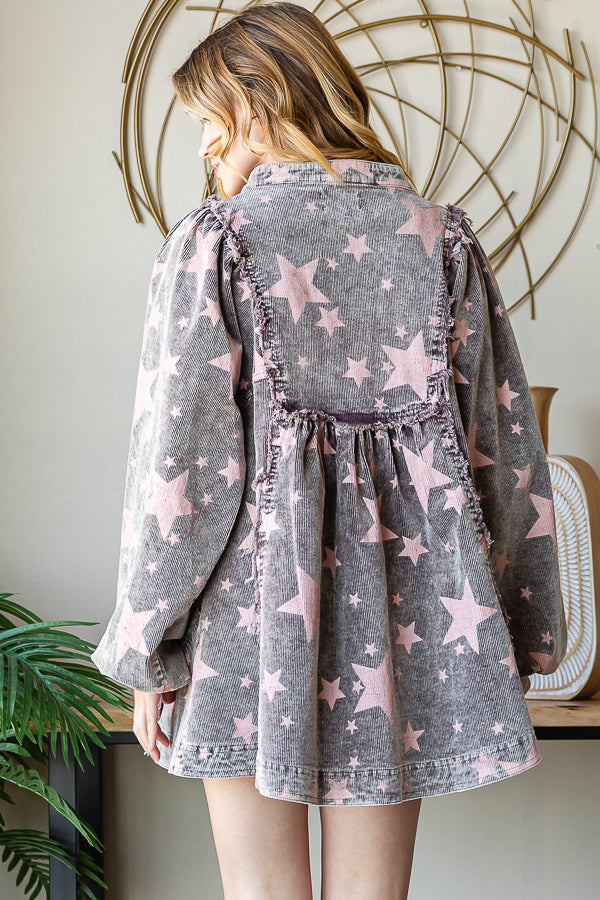 WASHED STAR PRINTED PEPLUM CORDUROY BABYDOLL TOP