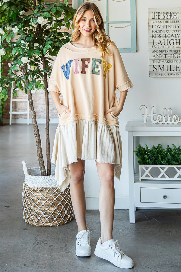 WASHED WIFEY PATCHWORK PEPLUM HEM OVERSIZED TOP