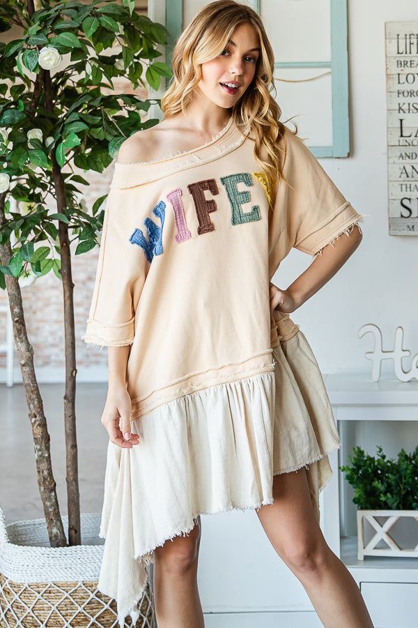 WASHED WIFEY PATCHWORK PEPLUM HEM OVERSIZED TOP