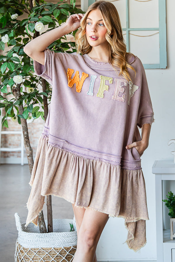 WASHED WIFEY PATCHWORK PEPLUM HEM OVERSIZED TOP