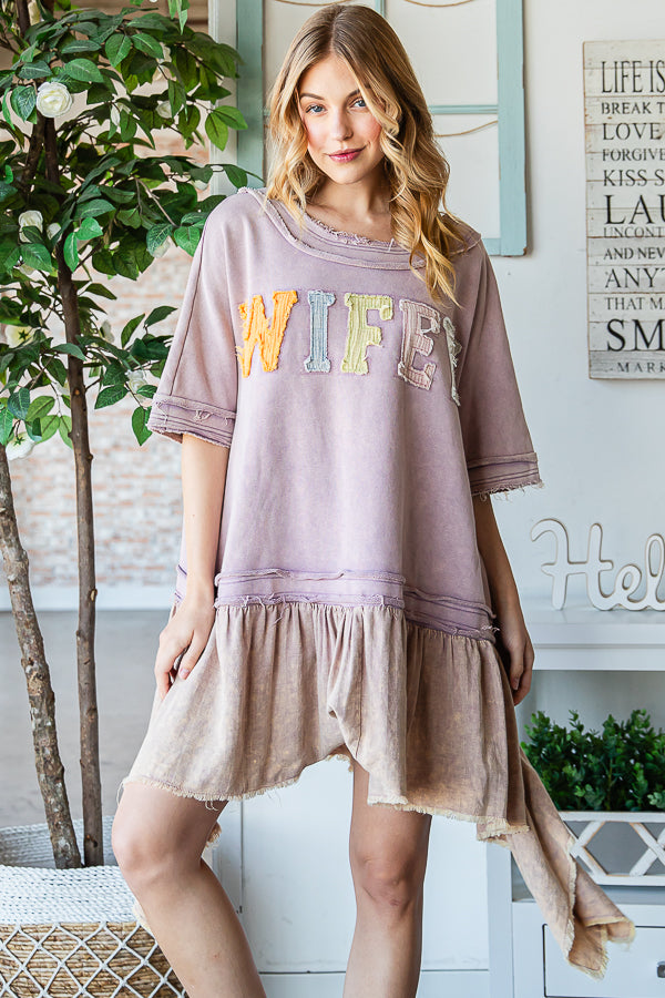 WASHED WIFEY PATCHWORK PEPLUM HEM OVERSIZED TOP