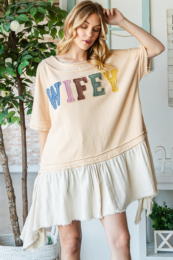 WASHED WIFEY PATCHWORK PEPLUM HEM OVERSIZED TOP