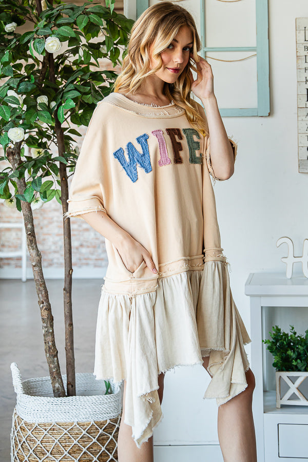 WASHED WIFEY PATCHWORK PEPLUM HEM OVERSIZED TOP