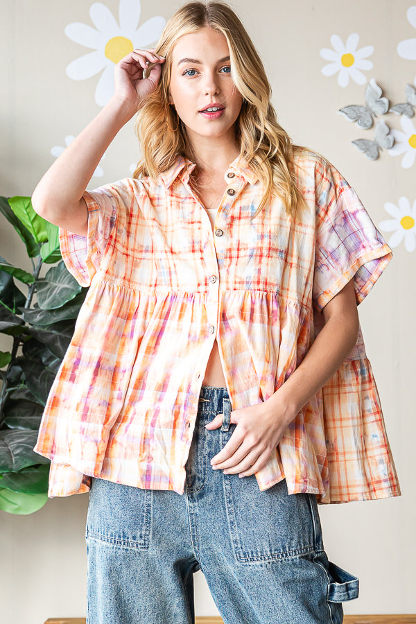 BLEACHED MULTICOLOR PLAID SHORT SLEEVE SHIRT