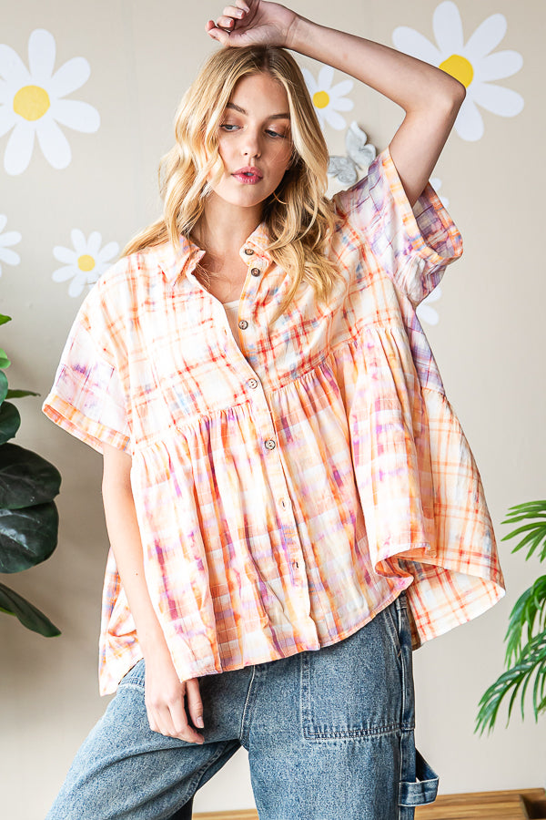 BLEACHED MULTICOLOR PLAID SHORT SLEEVE SHIRT