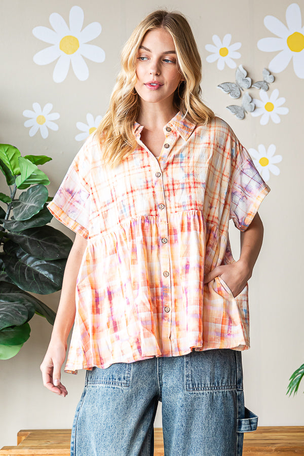 BLEACHED MULTICOLOR PLAID SHORT SLEEVE SHIRT