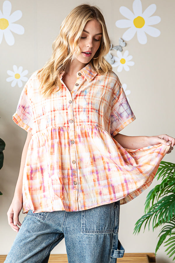 BLEACHED MULTICOLOR PLAID SHORT SLEEVE SHIRT