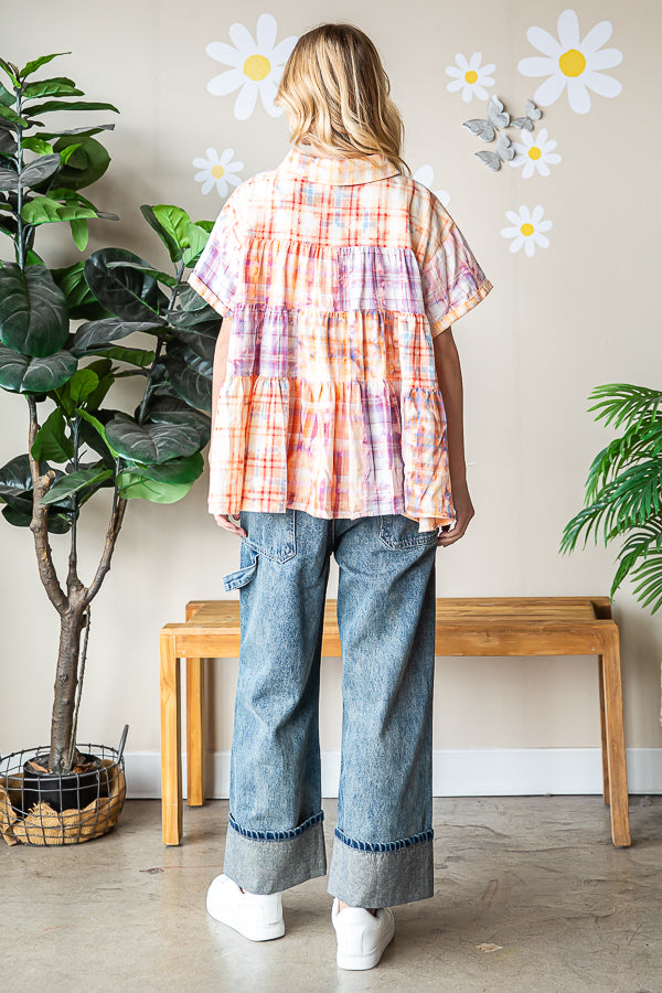 BLEACHED MULTICOLOR PLAID SHORT SLEEVE SHIRT