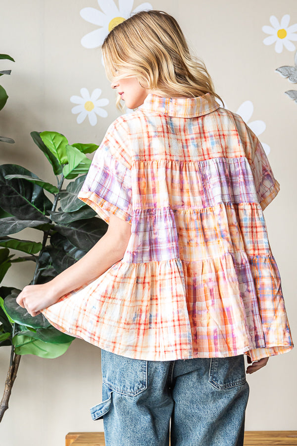 BLEACHED MULTICOLOR PLAID SHORT SLEEVE SHIRT